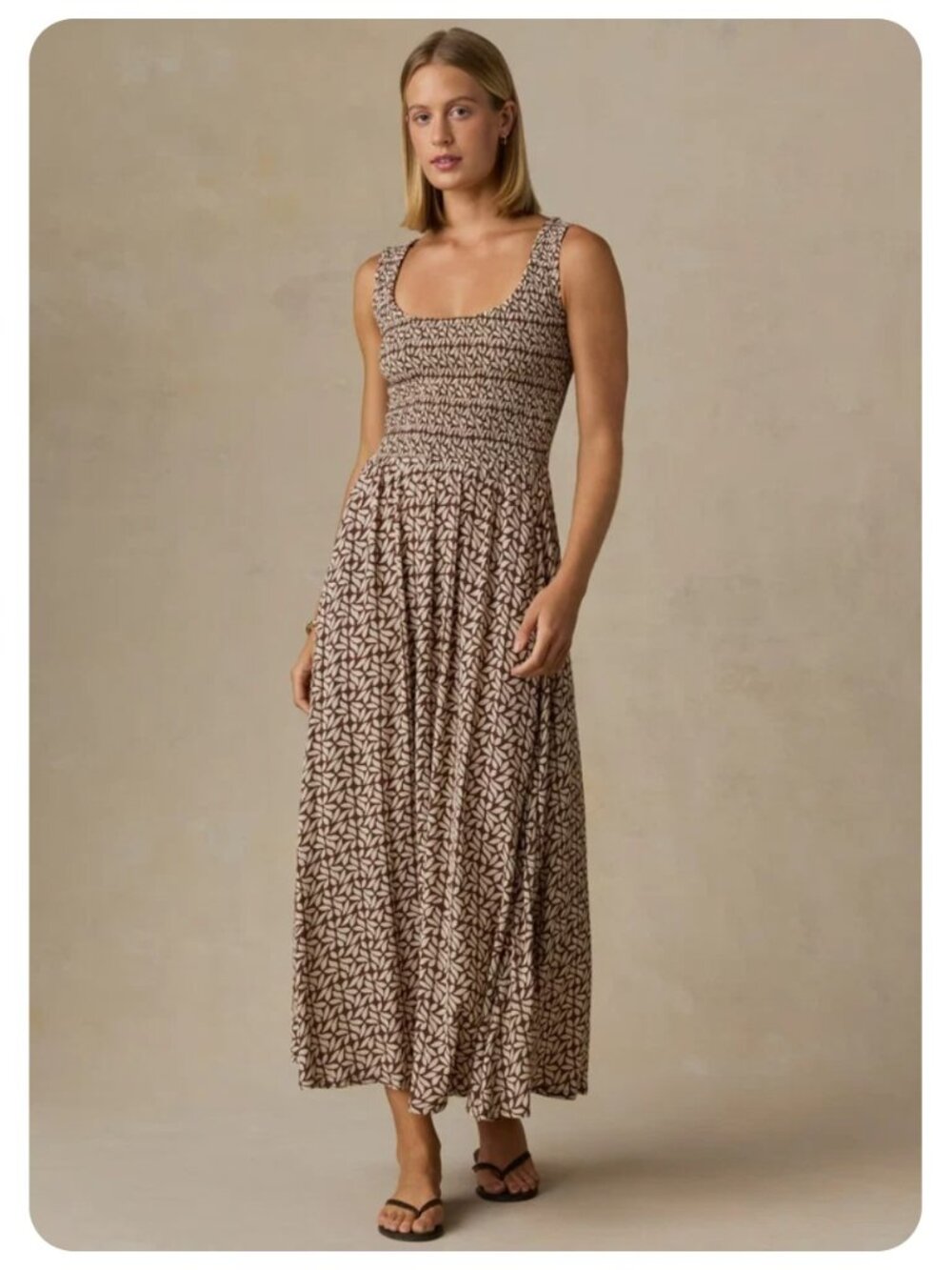 Faherty Sophia Smocked Sleeveless Dress in Chocolate Petal sz S